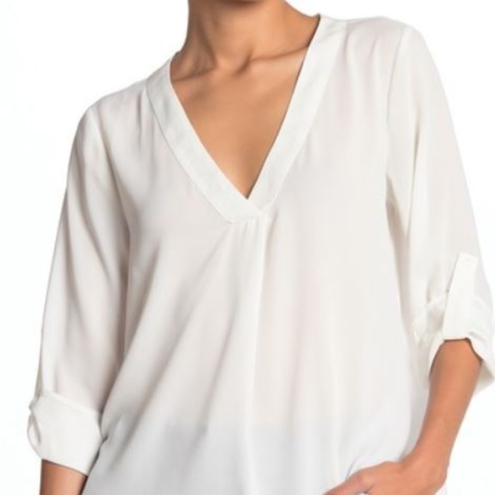 Lush Split Neck Roll Sleeve Tunic Blouse